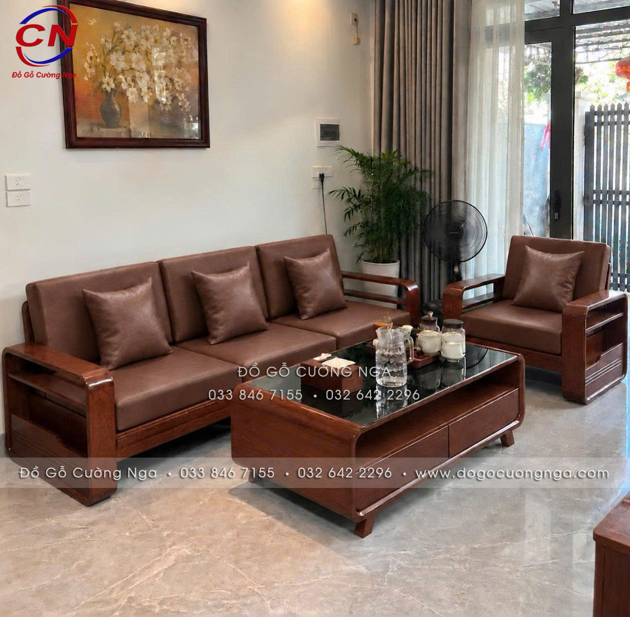 Sofa Văng Gỗ Sồi Nga Màu Óc Chó Tay Vòng Kèm Nệm – Bộ 3 Chi Tiết