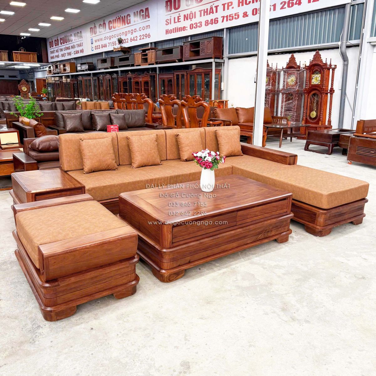 sofa gỗ hương vàng góc L