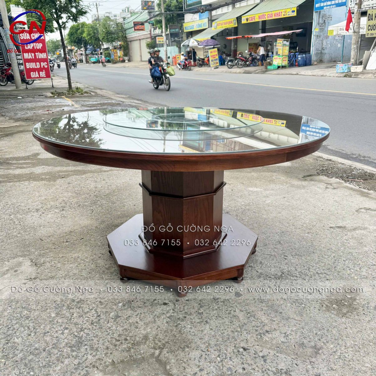 bàn ăn tròn mâm xoay gỗ sồi 8 ghế