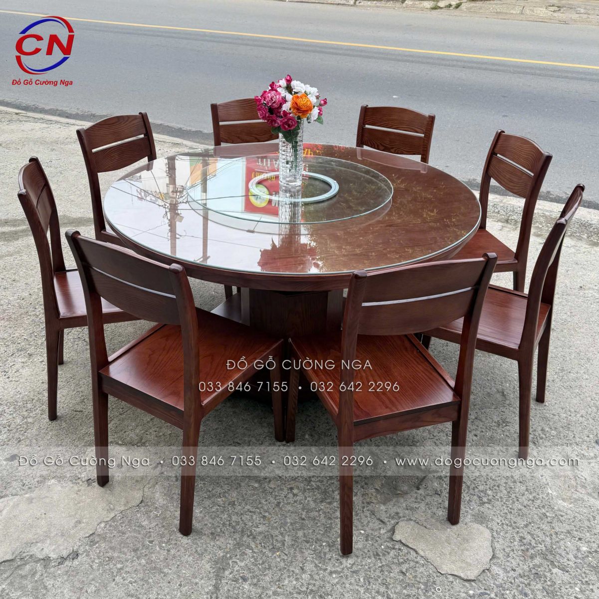 bàn ăn tròn mâm xoay gỗ sồi 8 ghế