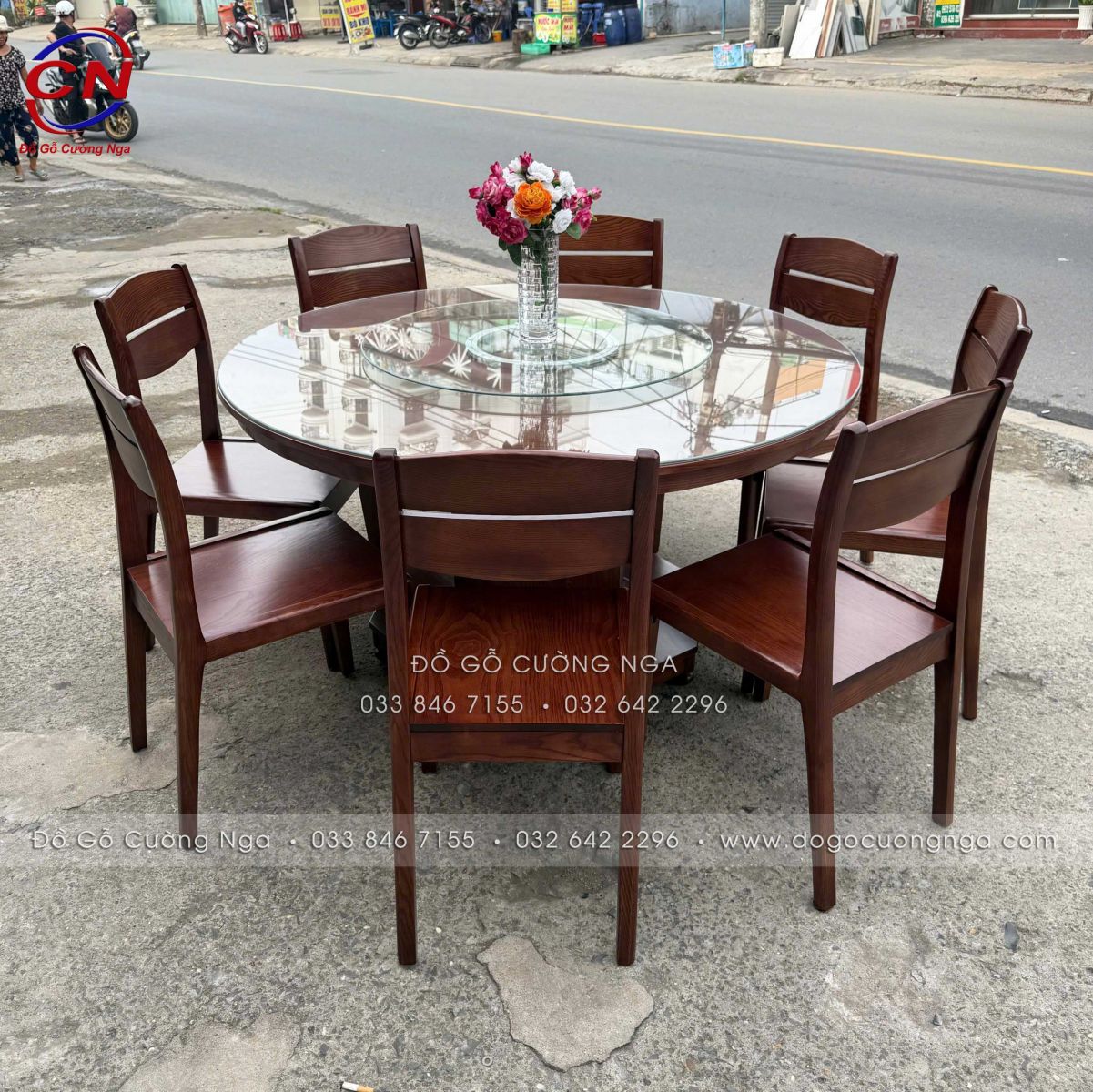 bàn ăn tròn mâm xoay gỗ sồi 8 ghế