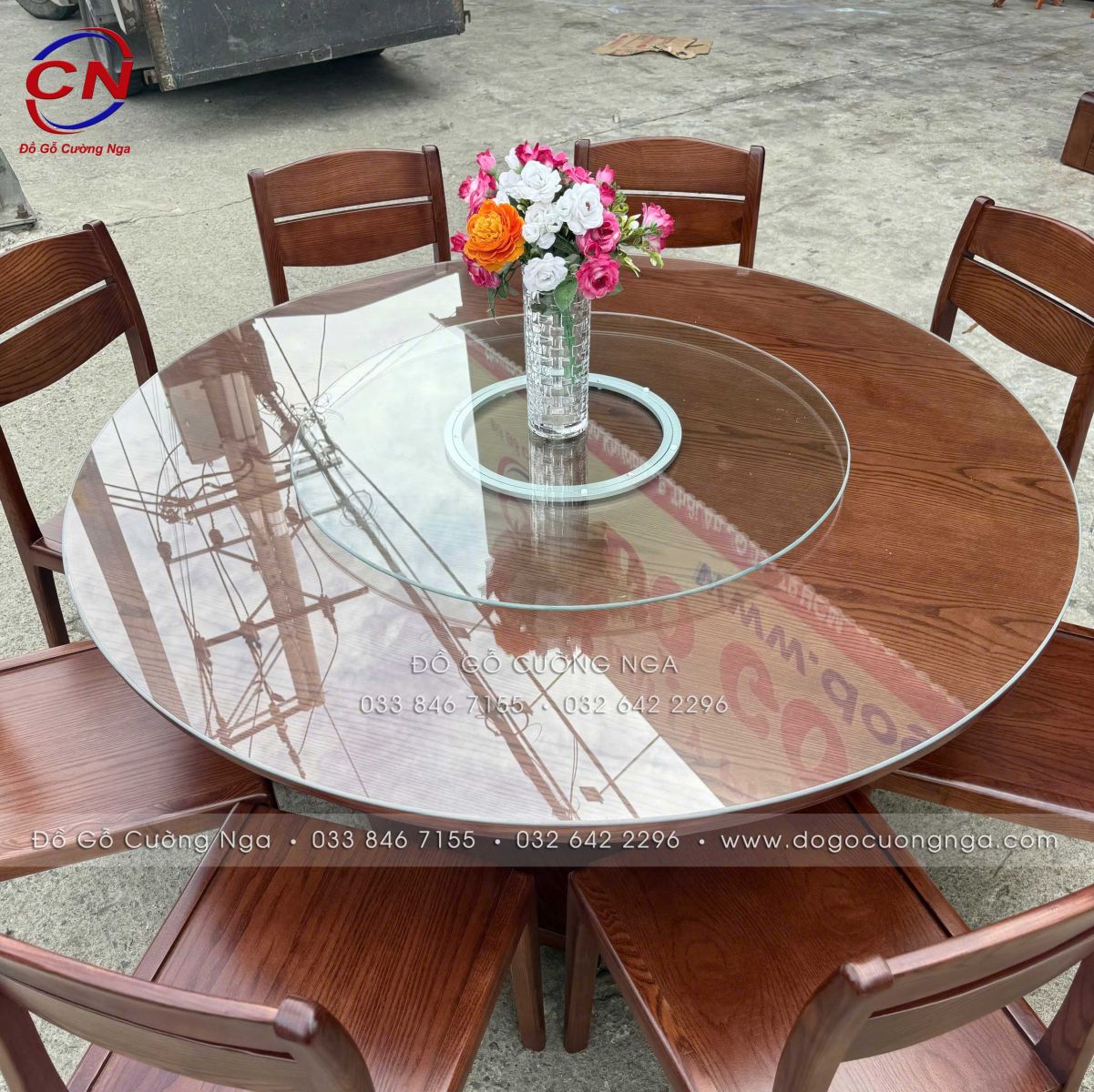 bàn ăn tròn mâm xoay gỗ sồi 8 ghế