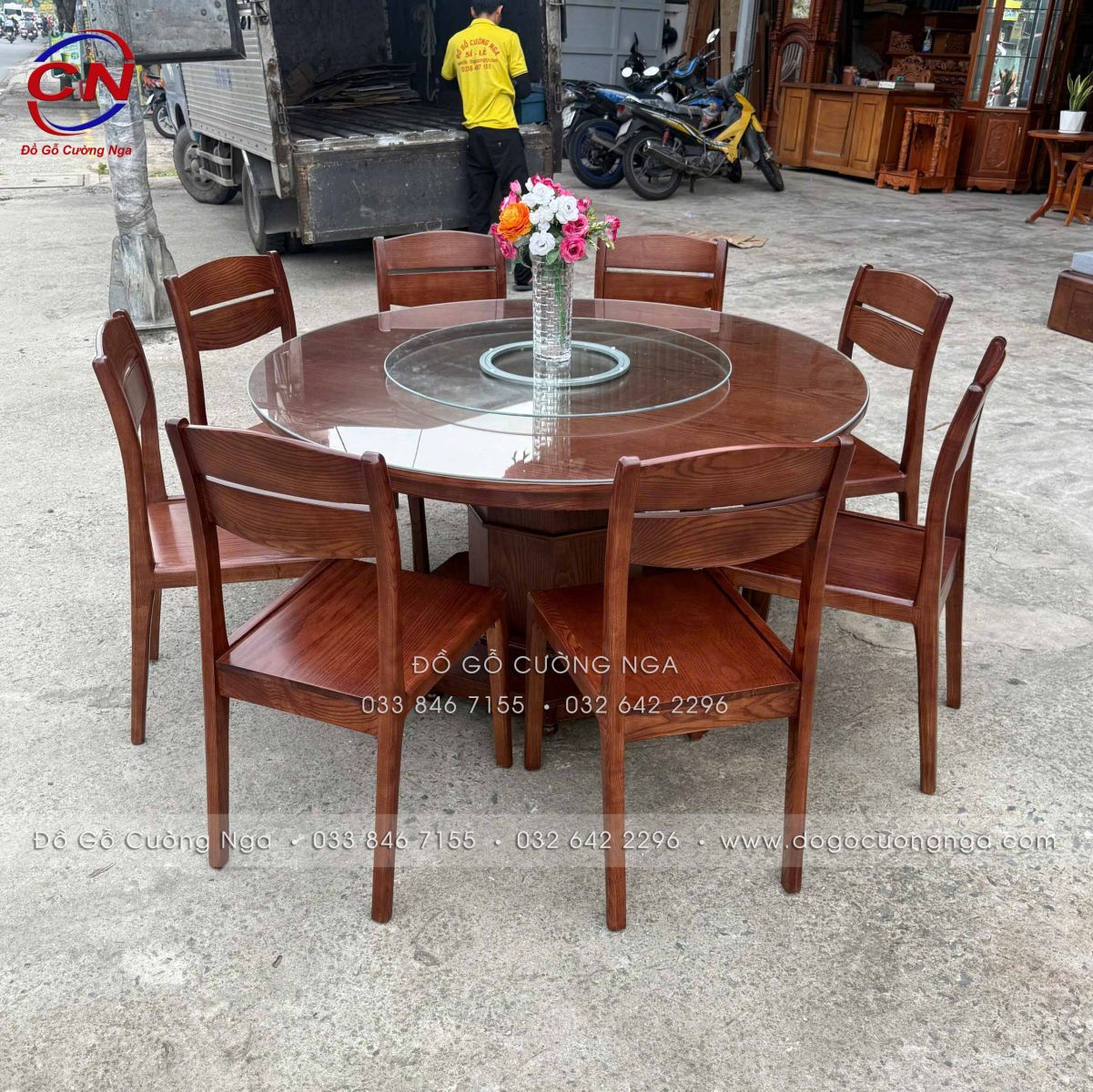 bàn ăn tròn mâm xoay gỗ sồi 8 ghế