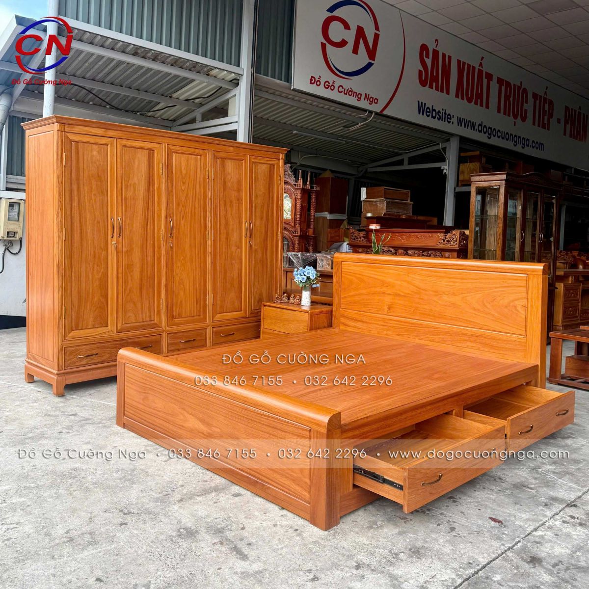 Tủ áo gỗ gõ đỏ 5 cánh kết hợp phòng ngủ gỗ gõ đỏ