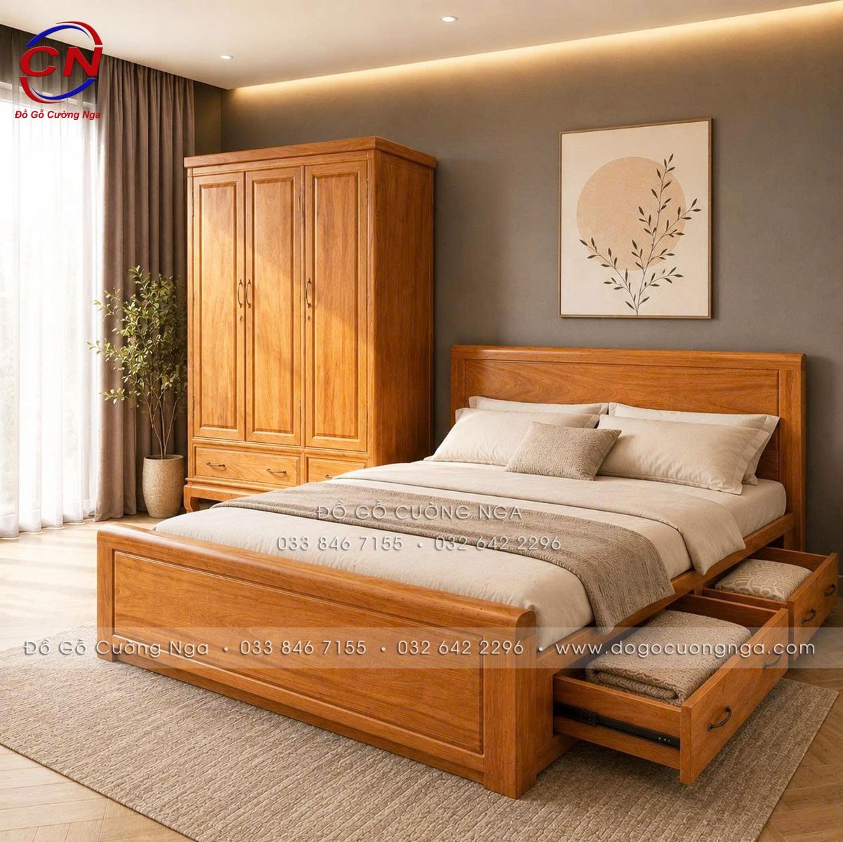 Combo phòng ngủ gỗ gõ đỏ 2 chi tiết hiện đại