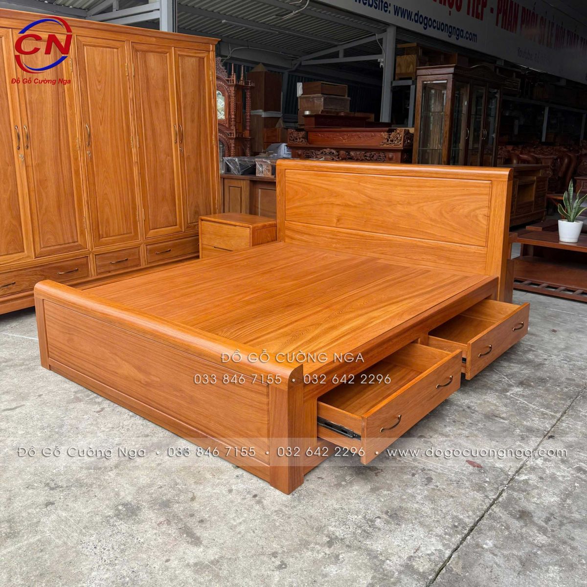 giường phản liền 2 ngăn kéo gỗ gõ đỏ 100%