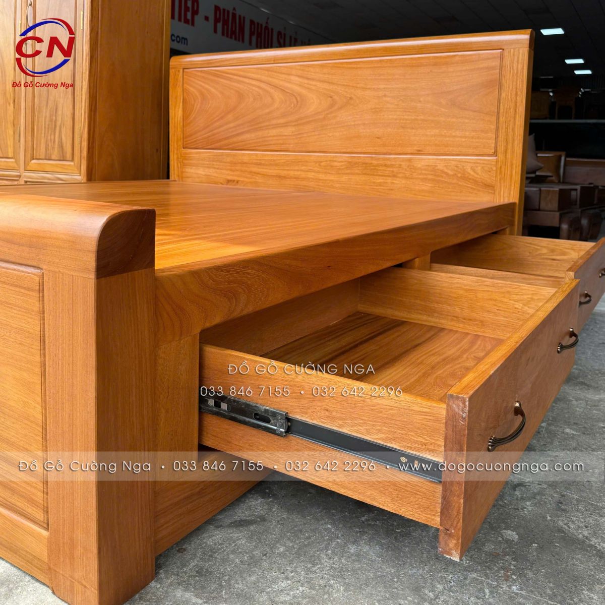 giường phản liền 2 ngăn kéo gỗ gõ đỏ 100%