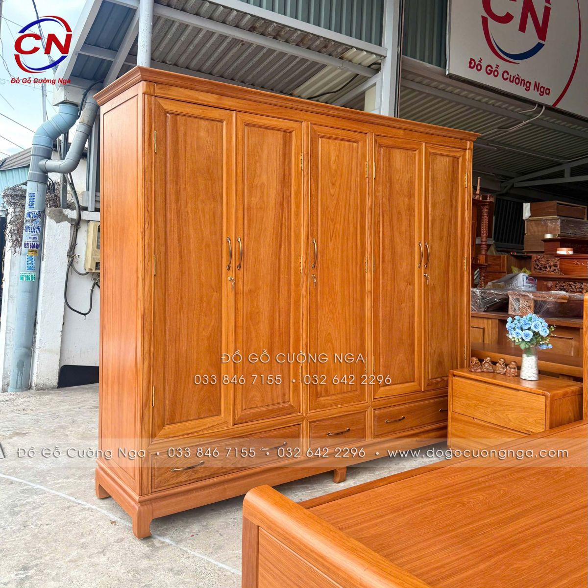 tủ áo 5 cánh gỗ gõ đỏ 100% dài 2m4