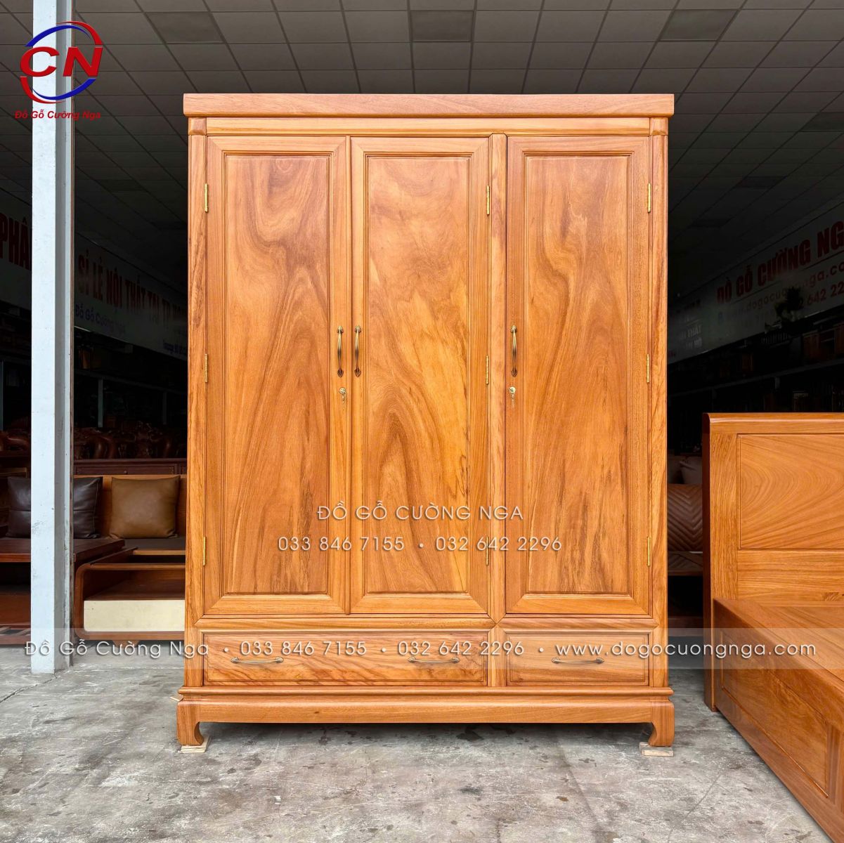Tủ áo gỗ gõ đỏ 3 cánh hiện đại