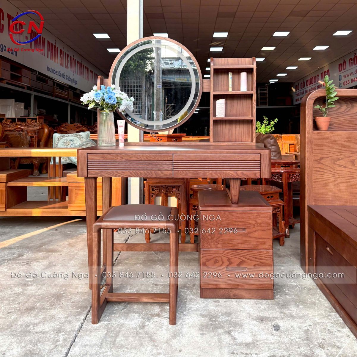 bàn trang điểm gương led cảm ứng gỗ sồi màu óc chó