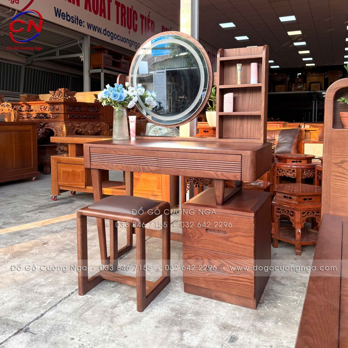 bàn trang điểm gương led cảm ứng gỗ sồi màu óc chó