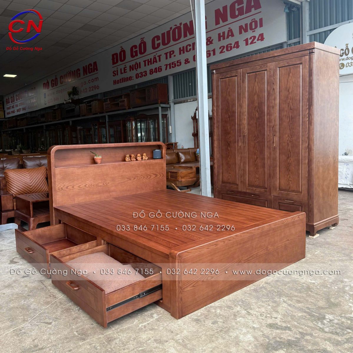 hình thực tế combo phòng ngủ gỗ Sồi màu Óc Chó 2 chi tiết