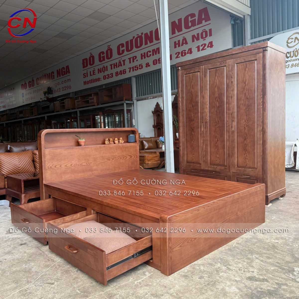 hình thực tế combo phòng ngủ gỗ Sồi màu Óc Chó 2 chi tiết