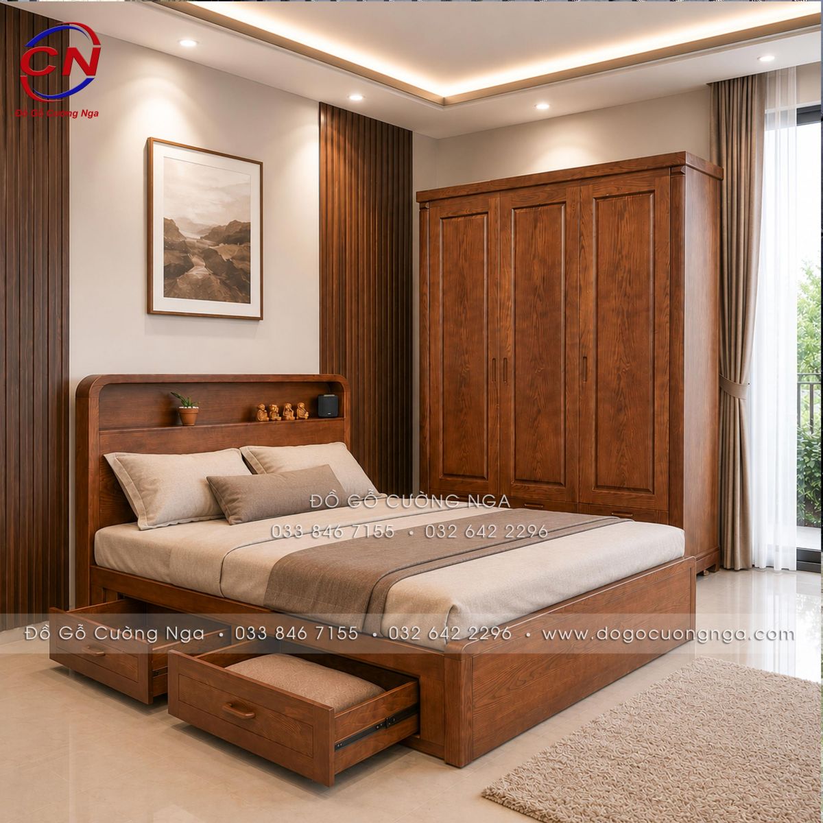 nội thất phòng ngủ gỗ Sồi màu Óc Chó 2 chi tiết