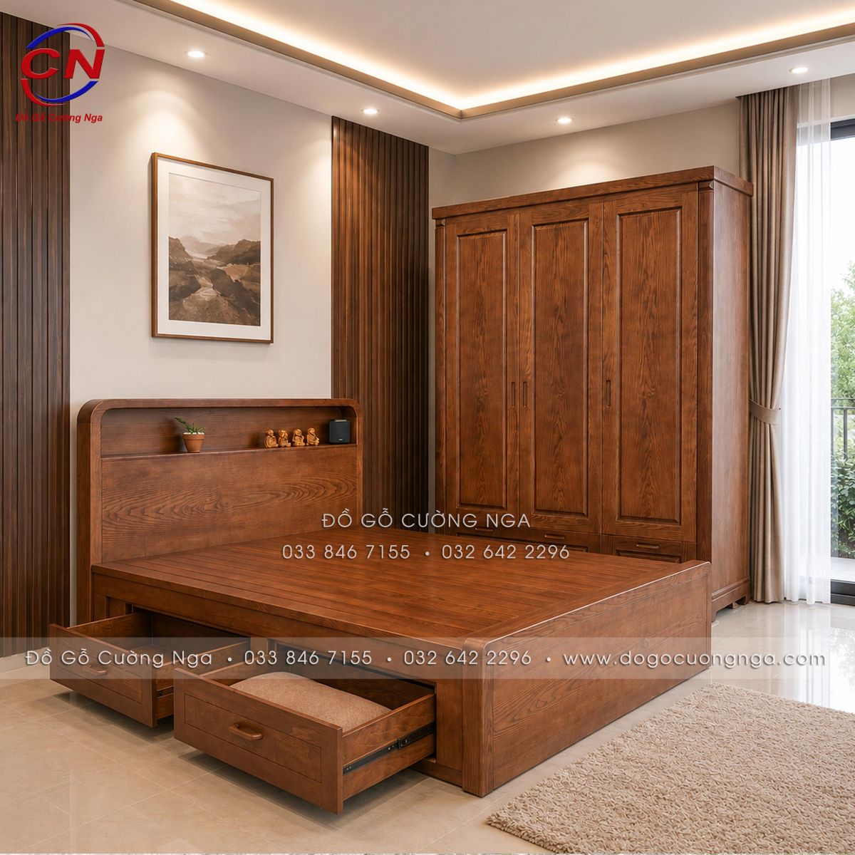 nội thất phòng ngủ gỗ Sồi màu Óc Chó 2 chi tiết