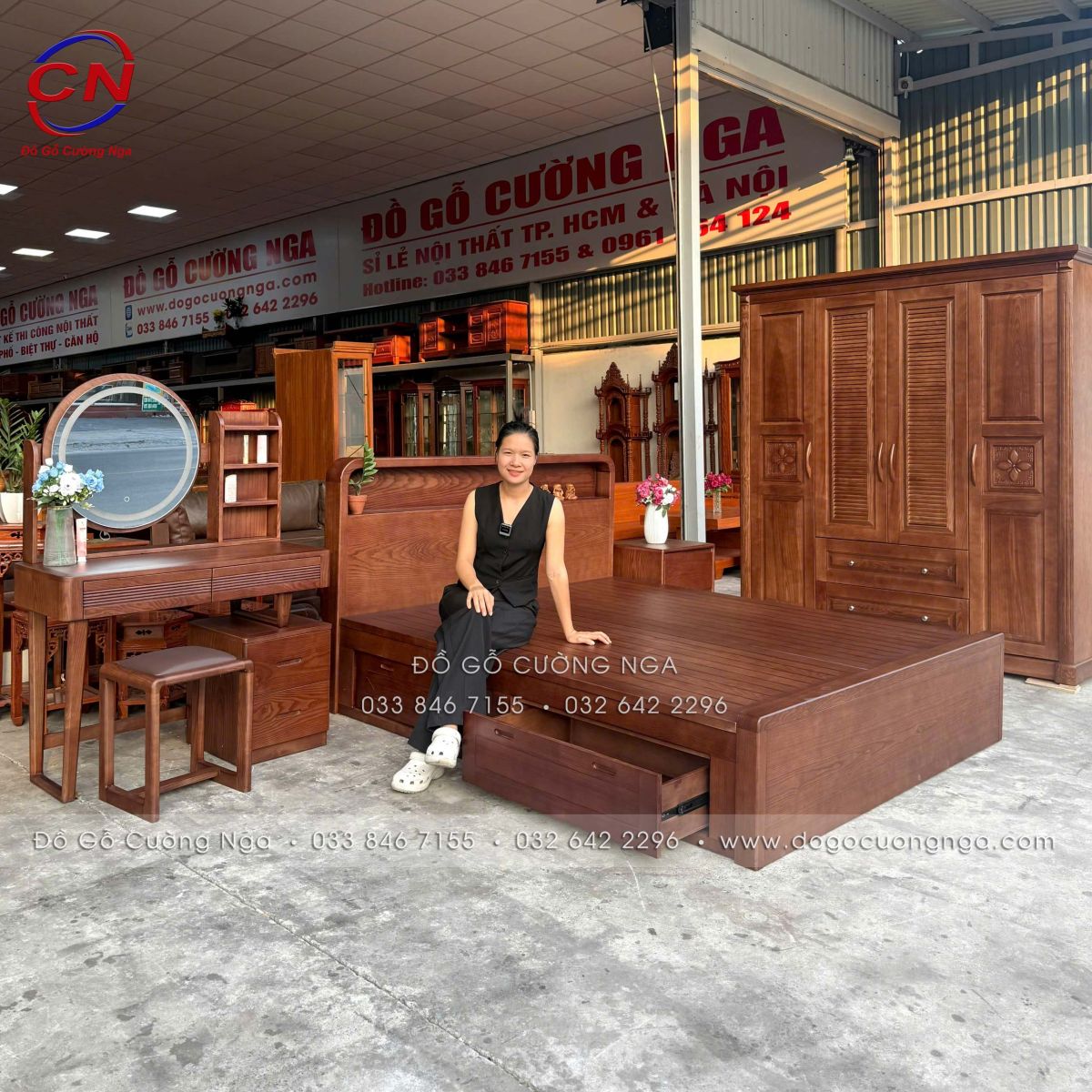 combo phòng ngủ gỗ sồi màu óc chó 4 chi tiết
