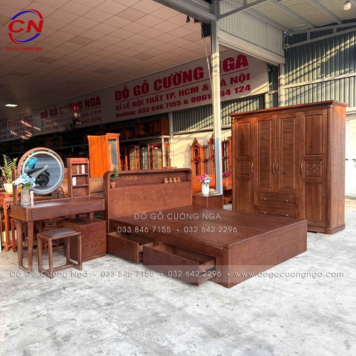 combo phòng ngủ gỗ sồi màu óc chó hiện đại