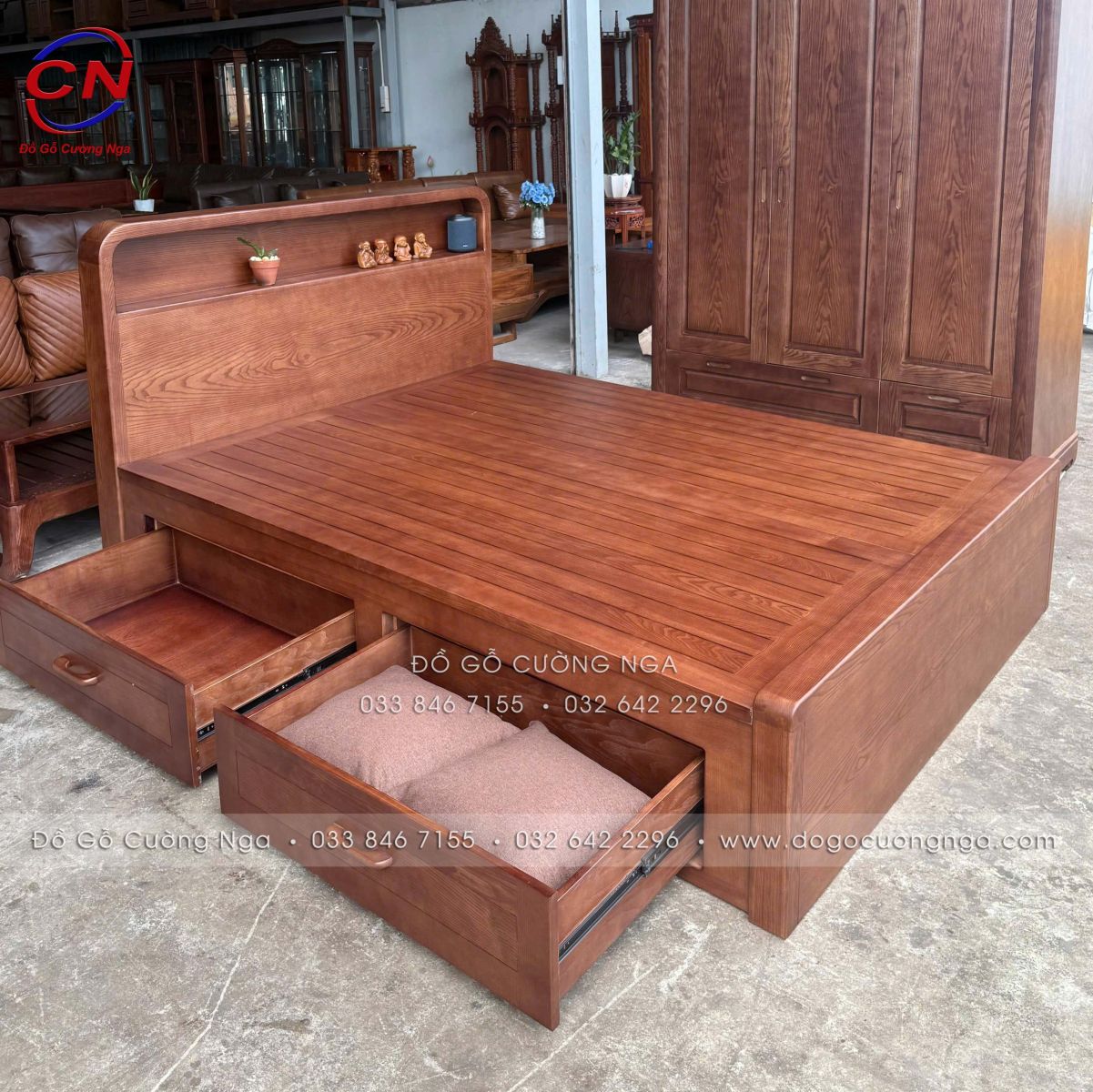 giường ngủ gỗ Sồi màu Óc Chó 2 ngăn kéo