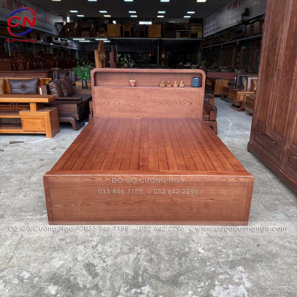 giường ngủ gỗ Sồi màu Óc Chó 2 ngăn kéo