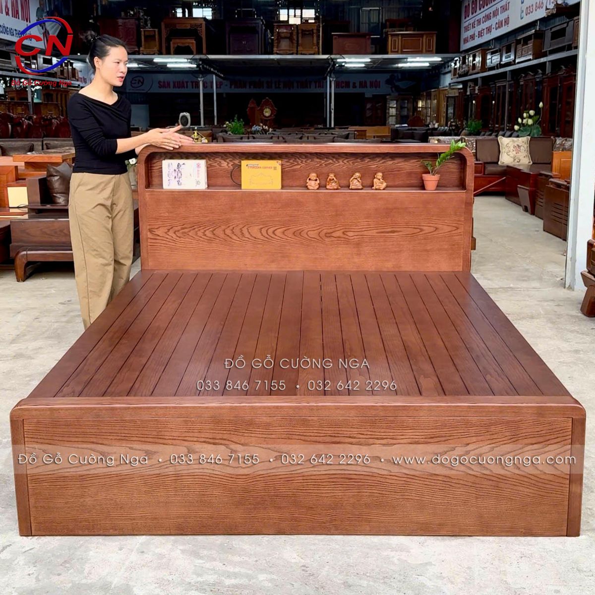 giường ngủ gỗ sồi màu óc chó 2 ngăn kéo kèm kệ đầu giường
