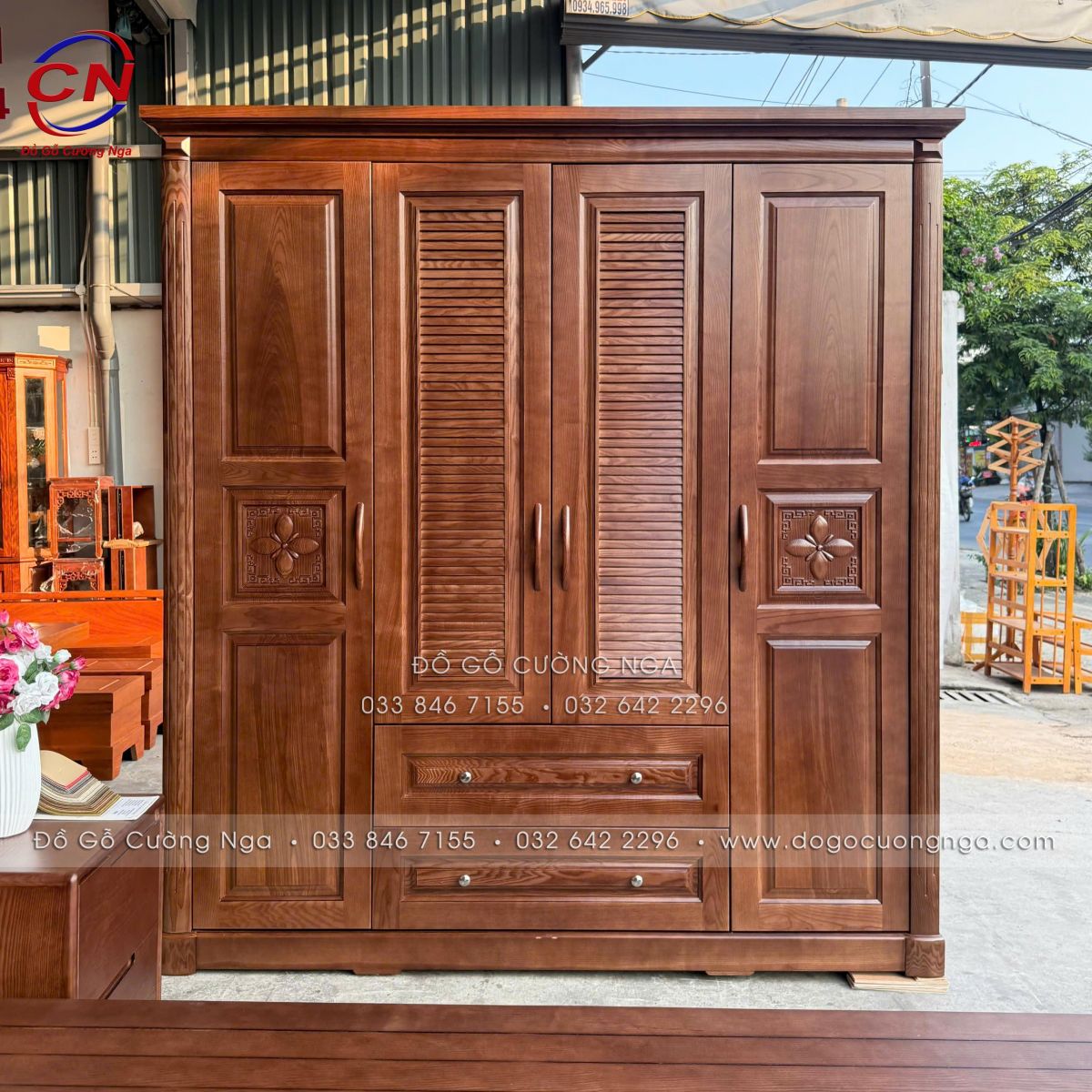 tủ áo 4 cánh lá sách gỗ sồi màu óc chó