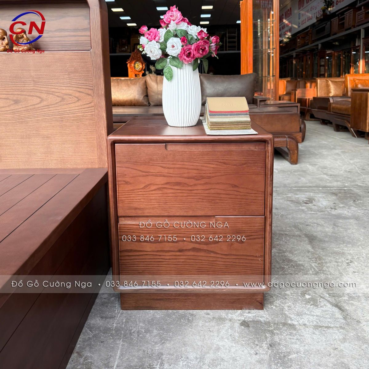 tủ đầu giường 2 ngăn kéo gỗ sồi màu óc chó