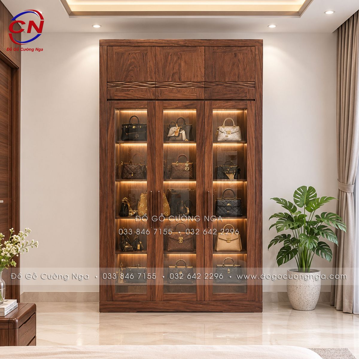 Tủ Đa Năng Cánh Kính Gỗ Hương Xám Màu Óc Chó