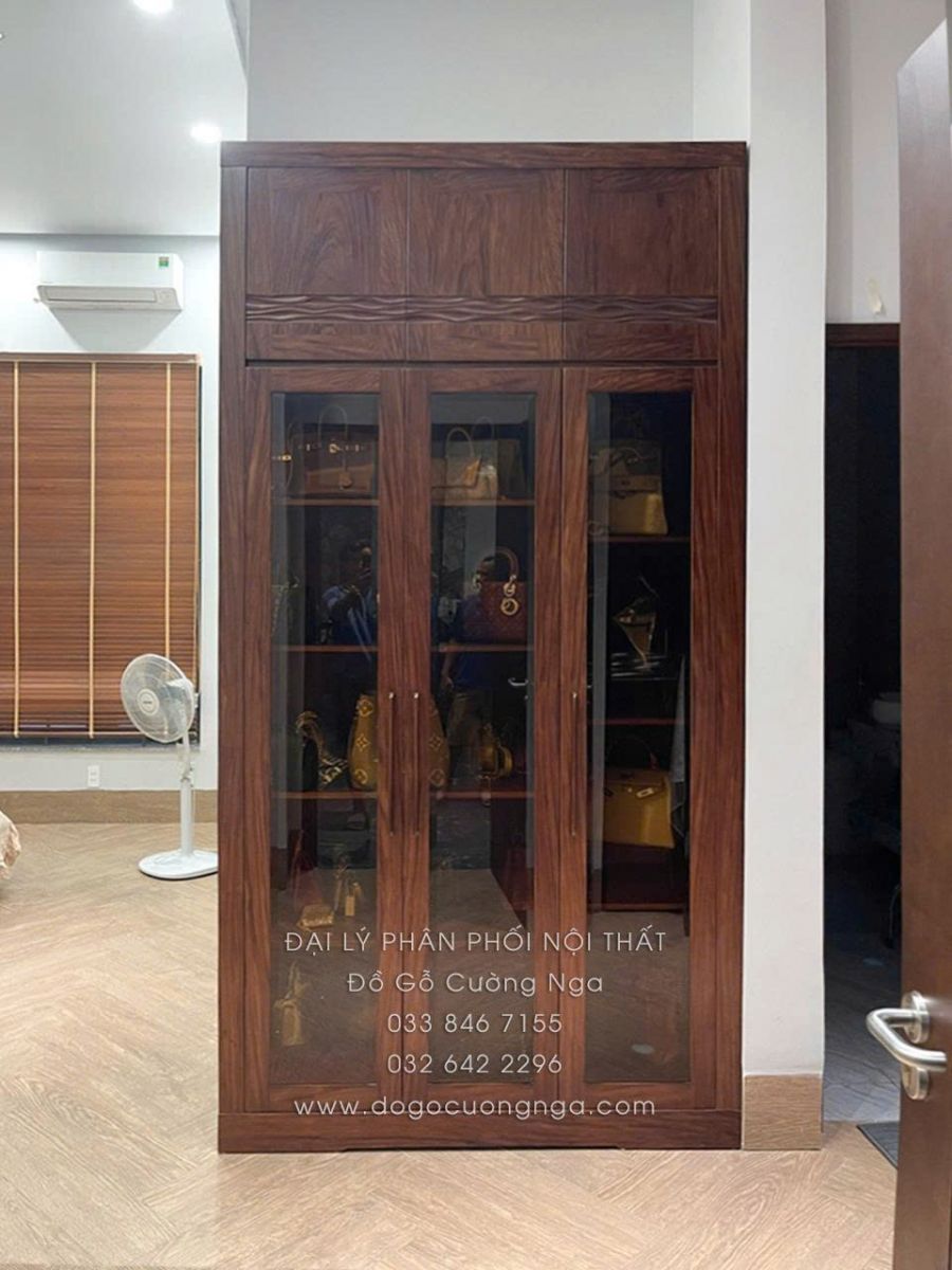 Tủ Đa Năng Cánh Kính Gỗ Hương Xám Màu Óc Chó