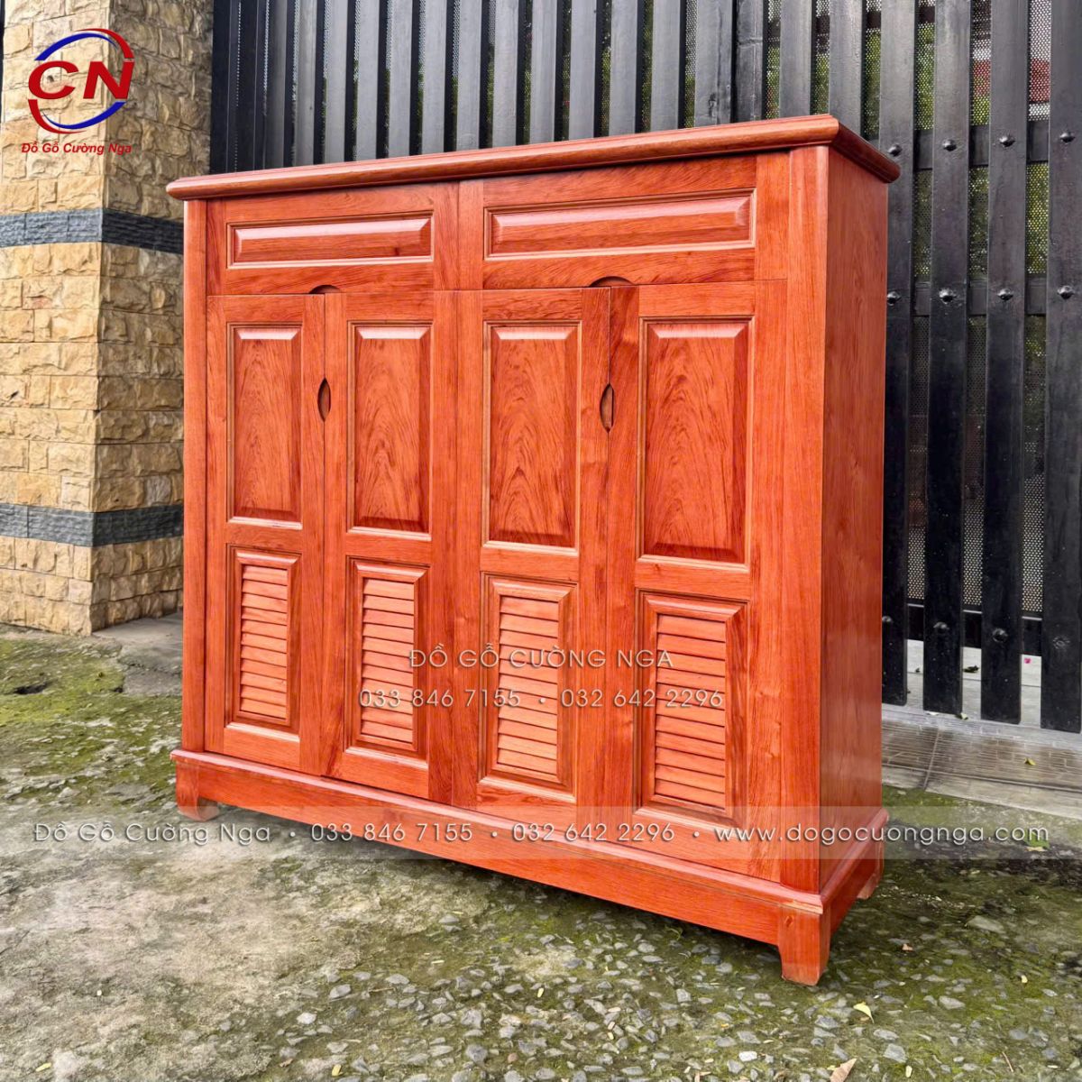 Tủ Giày Gỗ Hương Đá 4 Cánh - Nhiều Ngăn, Thiết Kế Gọn