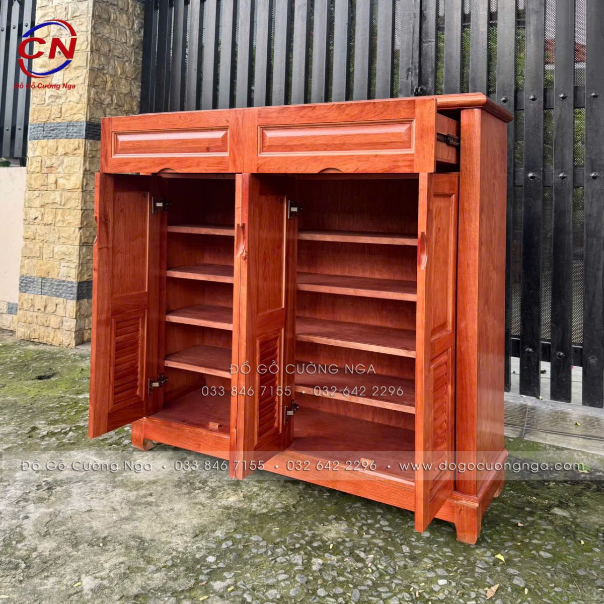 Tủ Giày Gỗ Hương Đá 4 Cánh - Nhiều Ngăn, Thiết Kế Gọn