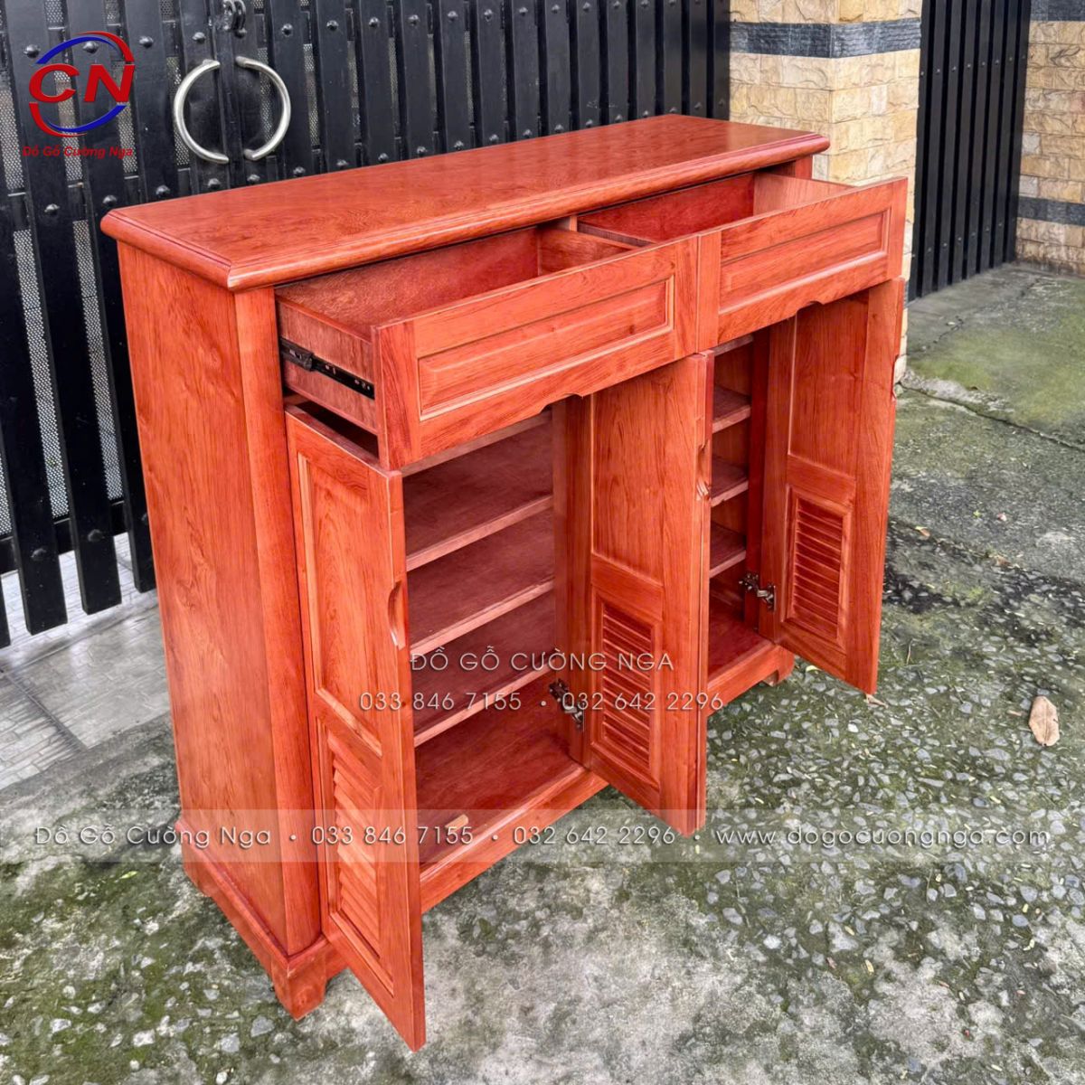Tủ Giày Gỗ Hương Đá 4 Cánh - Nhiều Ngăn, Thiết Kế Gọn