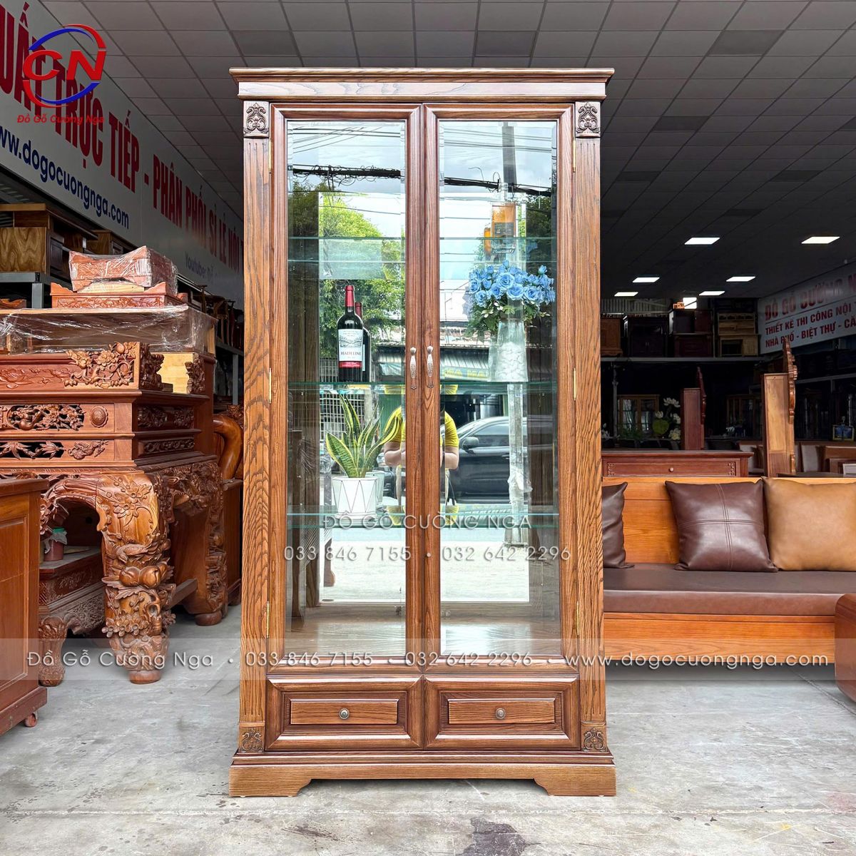 tủ rượu gỗ sồi 2 cánh kính