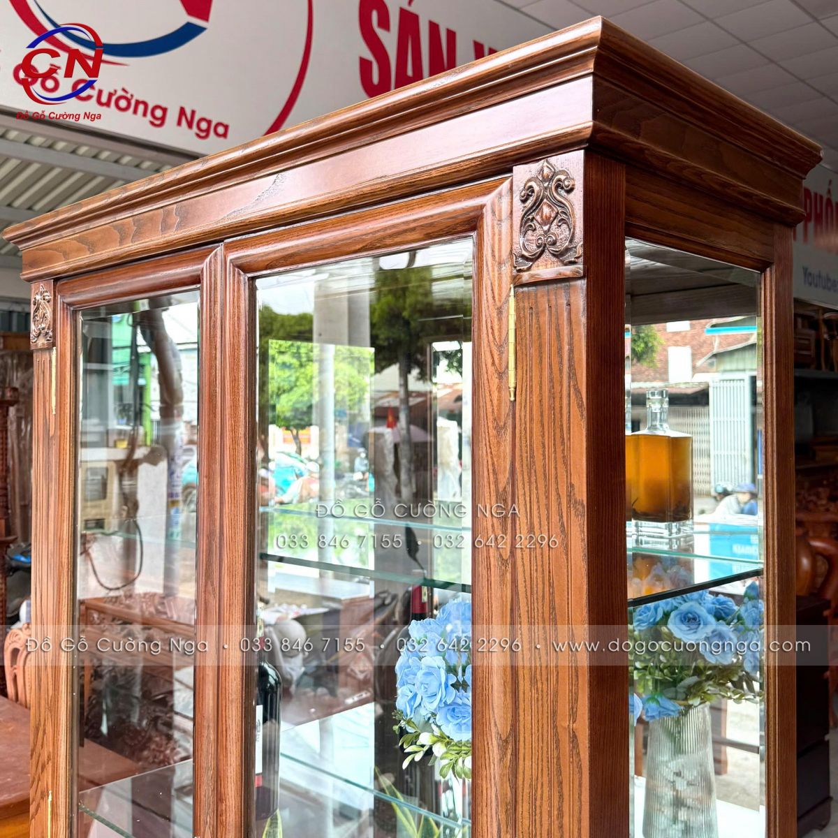tủ rượu gỗ sồi 2 cánh kính
