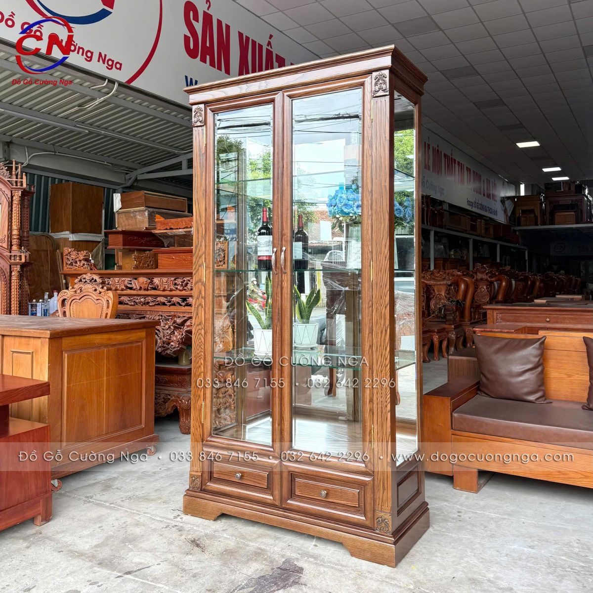 tủ rượu gỗ sồi 2 cánh kính