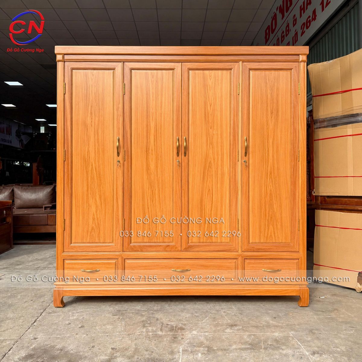 Tủ Áo Gỗ Gõ Đỏ 100% 4 Cánh Trơn Hiện Đại – Thiết Kế Tối Giản