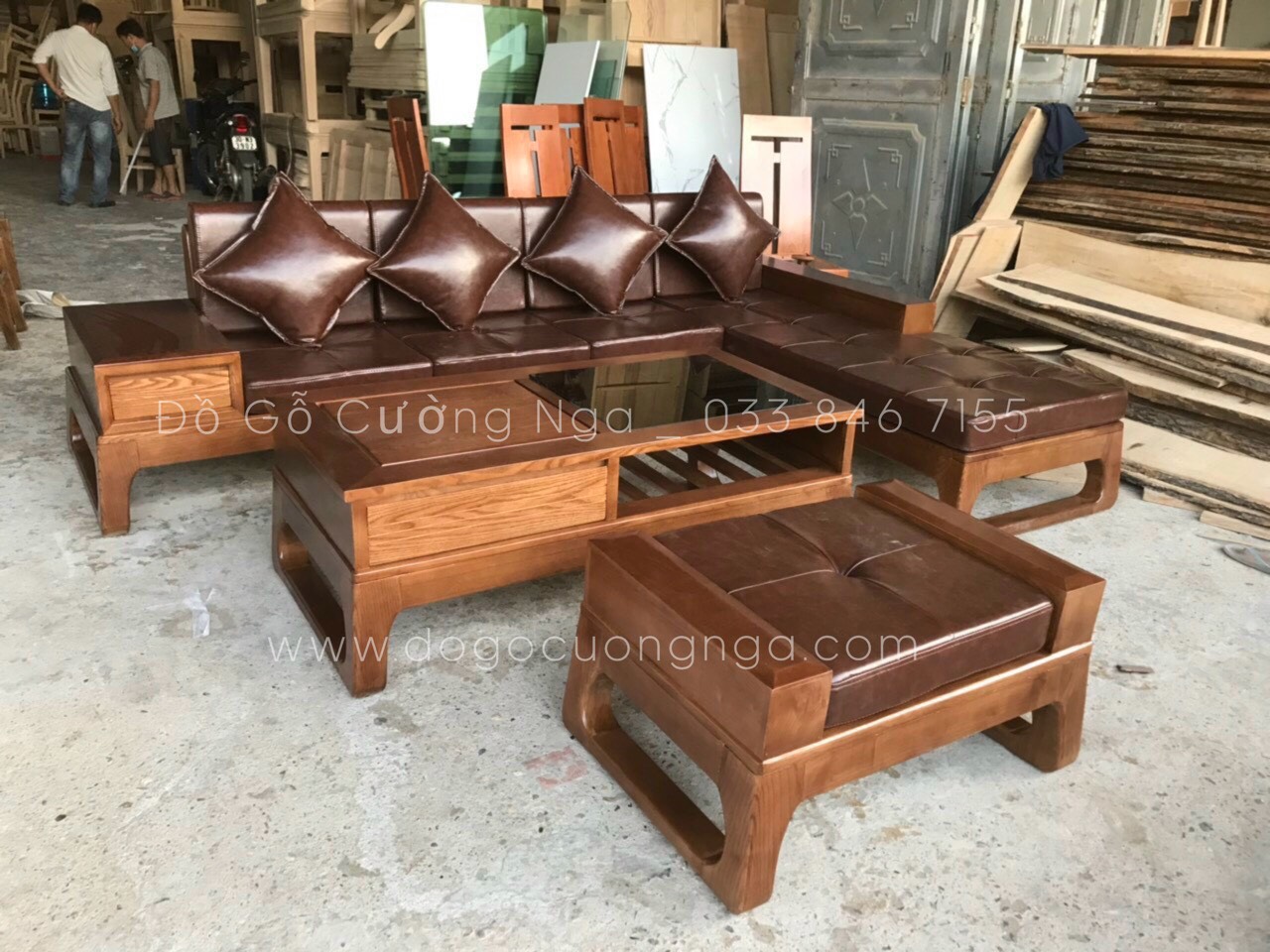 Bàn ghế sofa góc gỗ sồi nga lau màu óc chó 