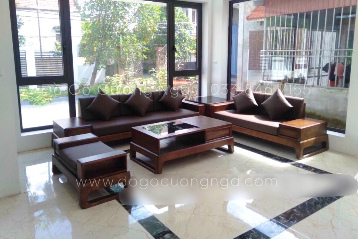 Bộ ghế sofa 2 văng gỗ sồi màu óc chó