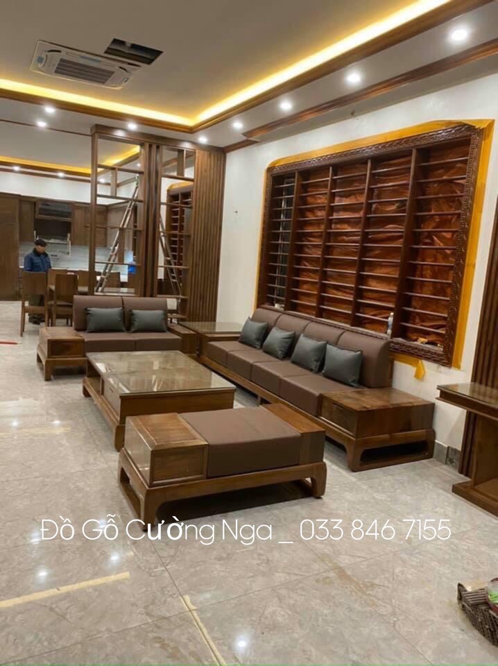 Bộ ghế sofa 2 văng gỗ sồi màu óc chó