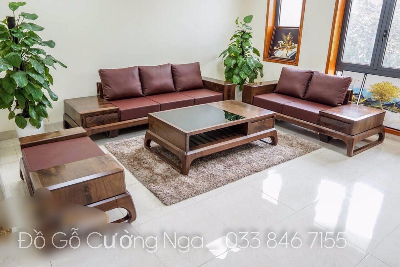 Bộ ghế sofa 2 văng gỗ sồi màu óc chó 