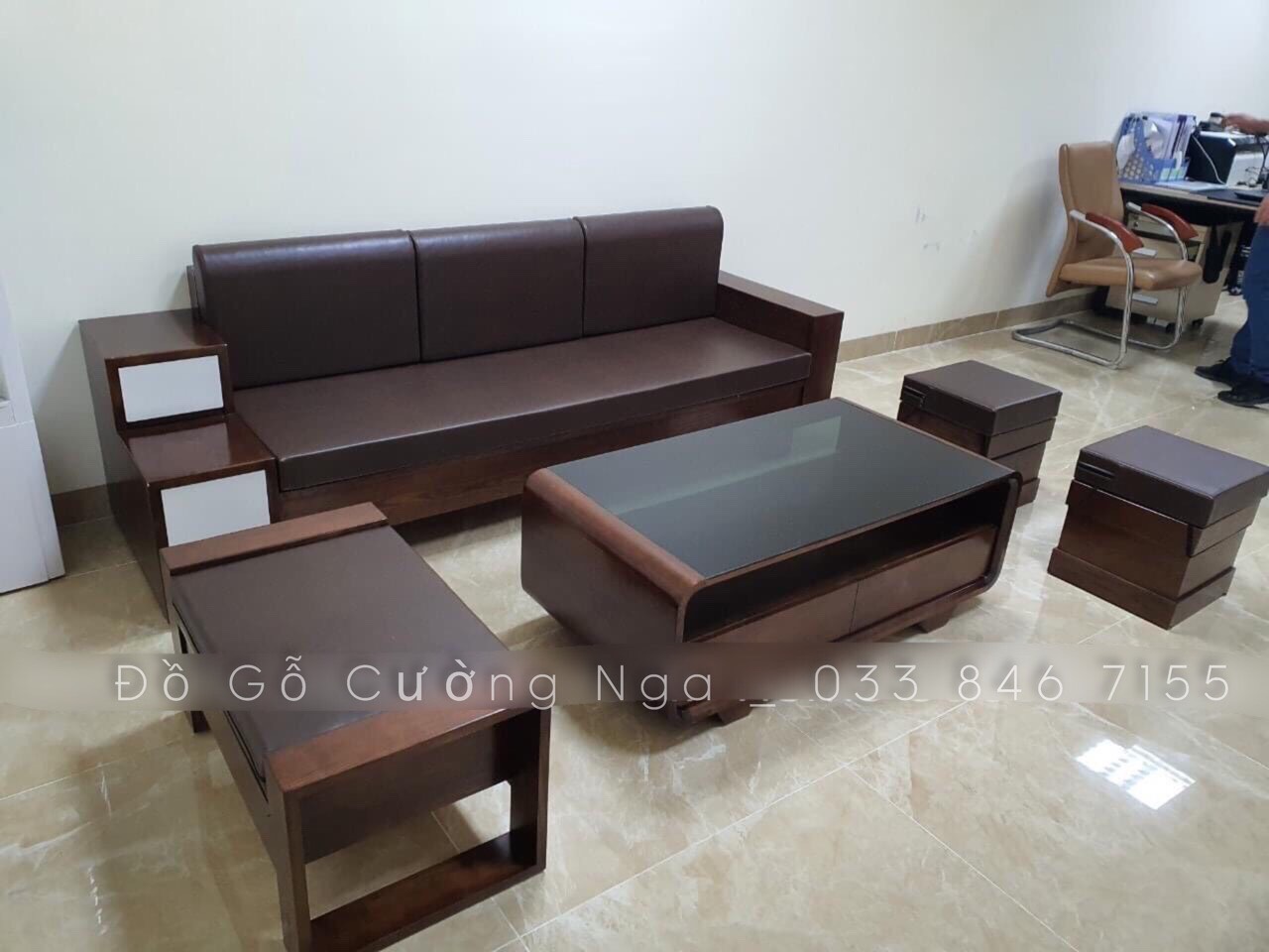 Bộ ghế sofa văng gỗ sồi màu óc chó