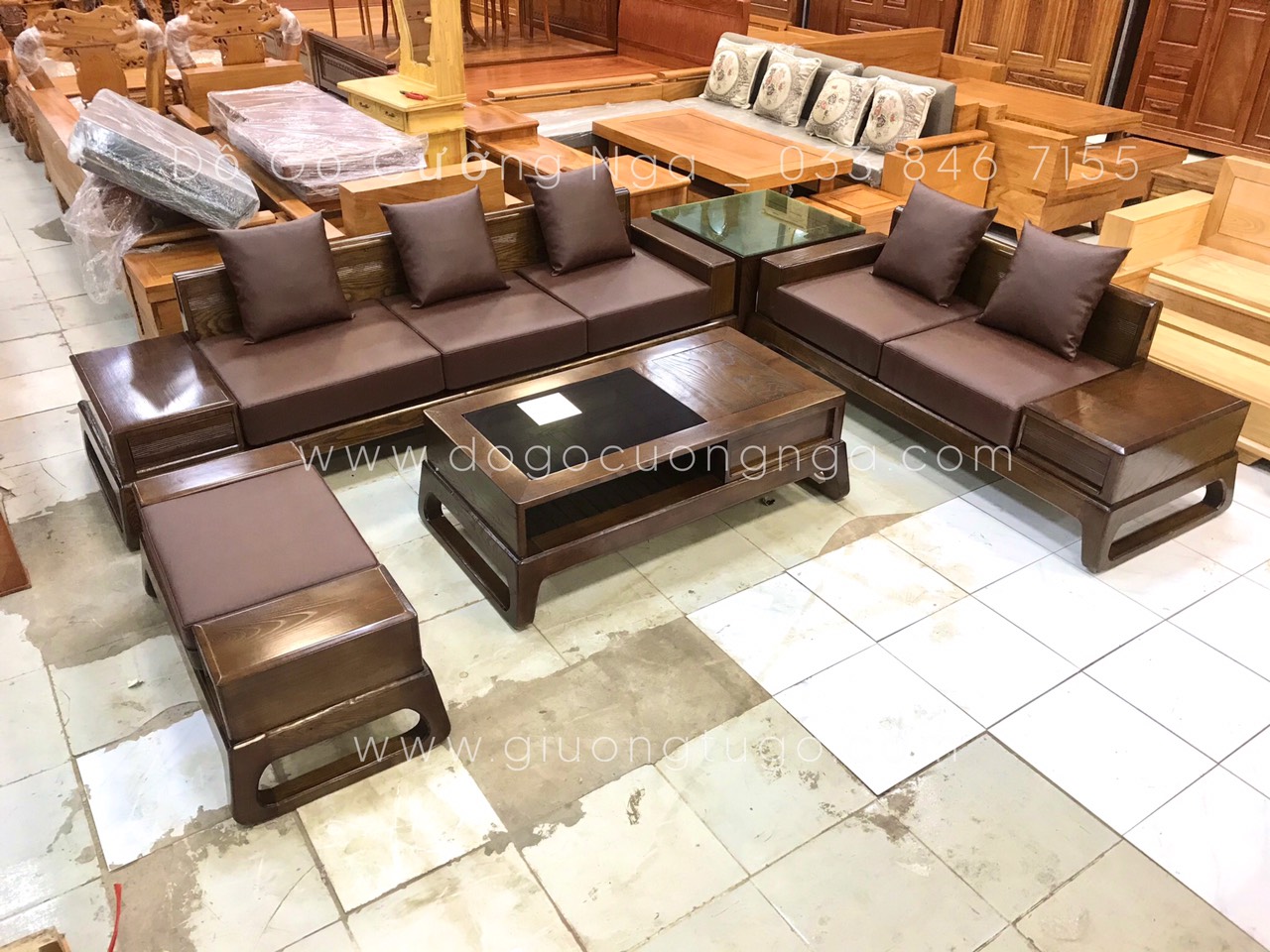sofa gỗ sồi nga lau màu óc chó