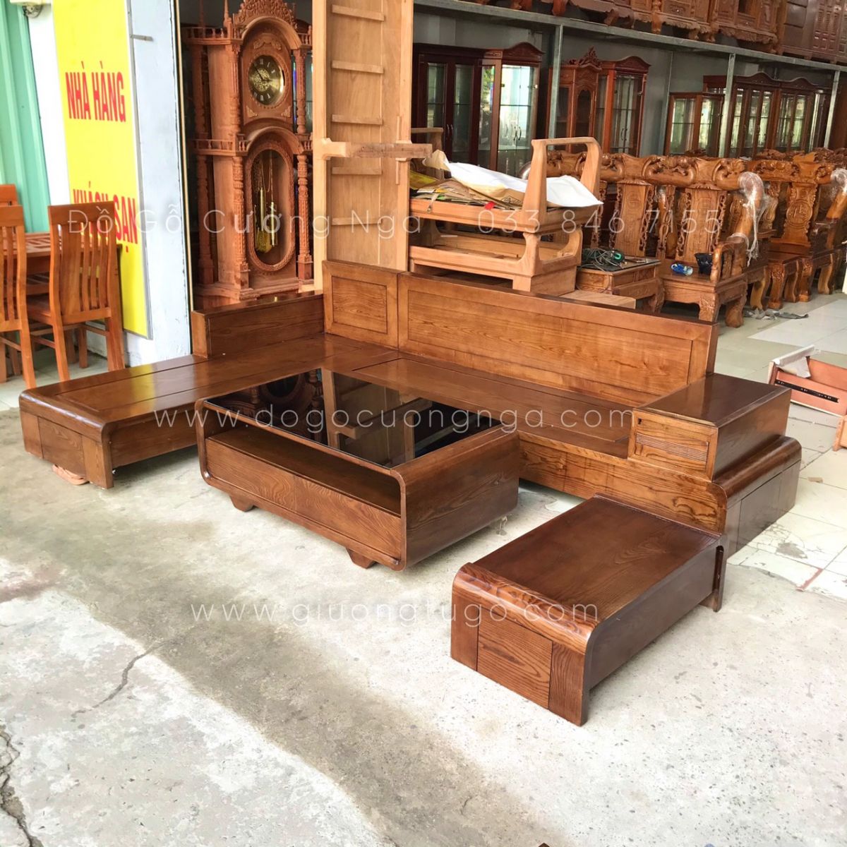 bàn ghế sofa gỗ góc L gỗ sồi nga