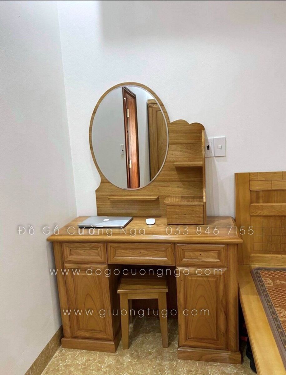 Bàn trang điểm gỗ gõ đỏ mẫu gương tròn