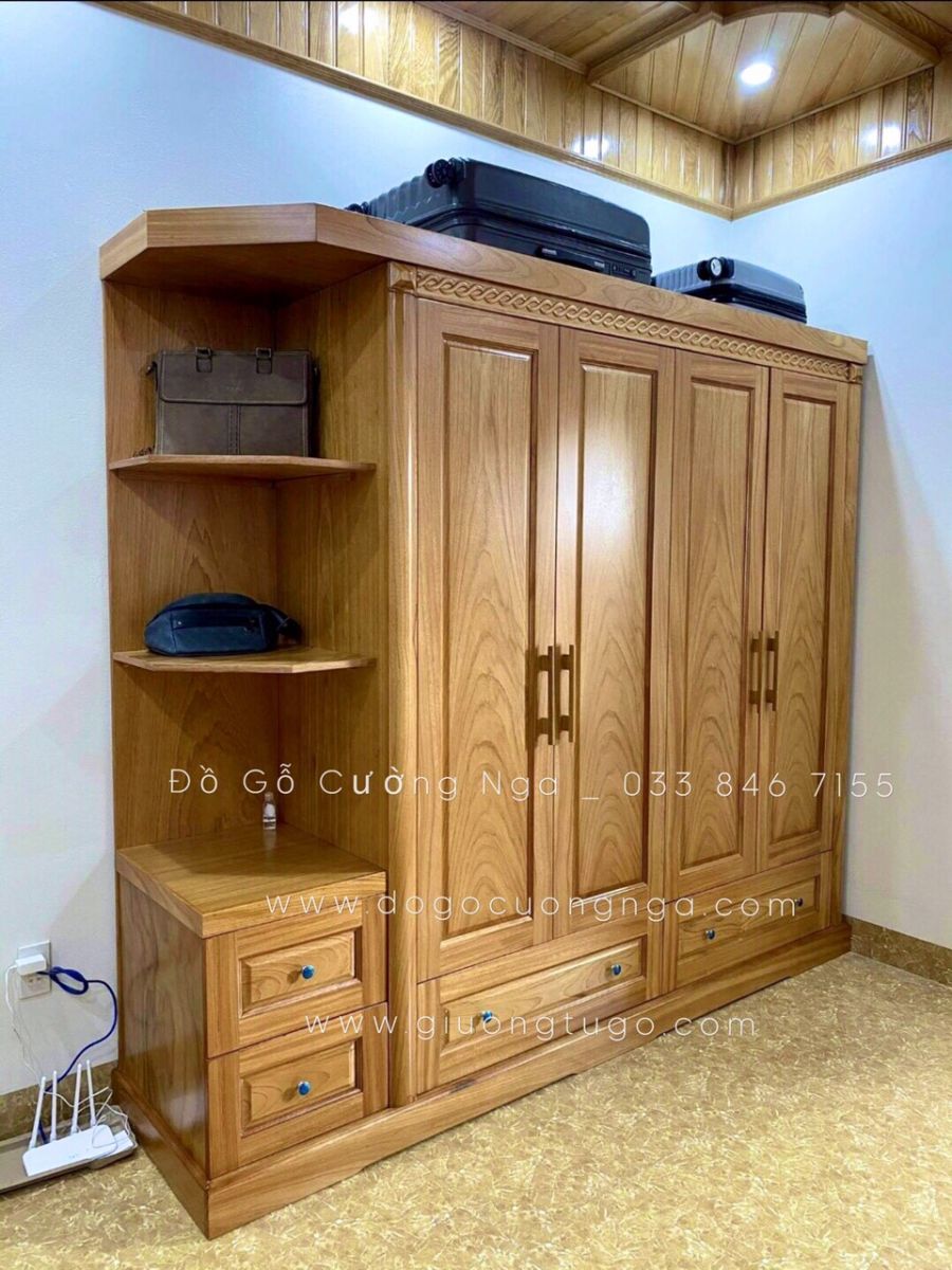 Tủ áo gỗ gõ đỏ 4 cánh kèm góc trang trí