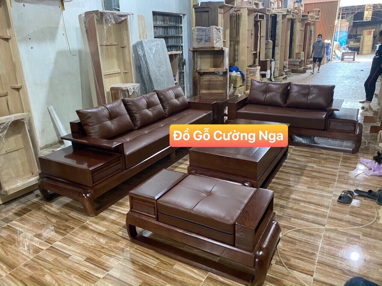 sofa gỗ sồi 2 văng cao cấp
