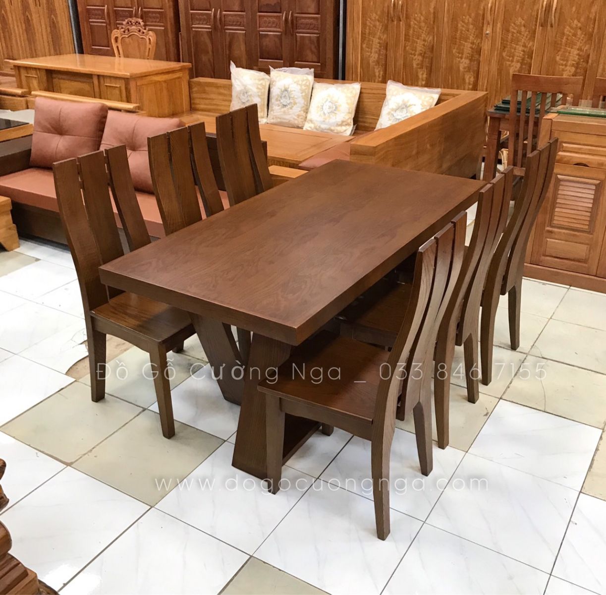 bàn ăn 6 ghế gỗ sồi màu óc chó