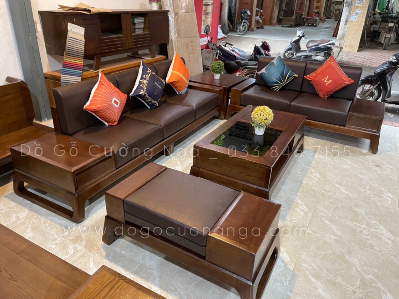 sofa gỗ sồi nga lau màu óc chó