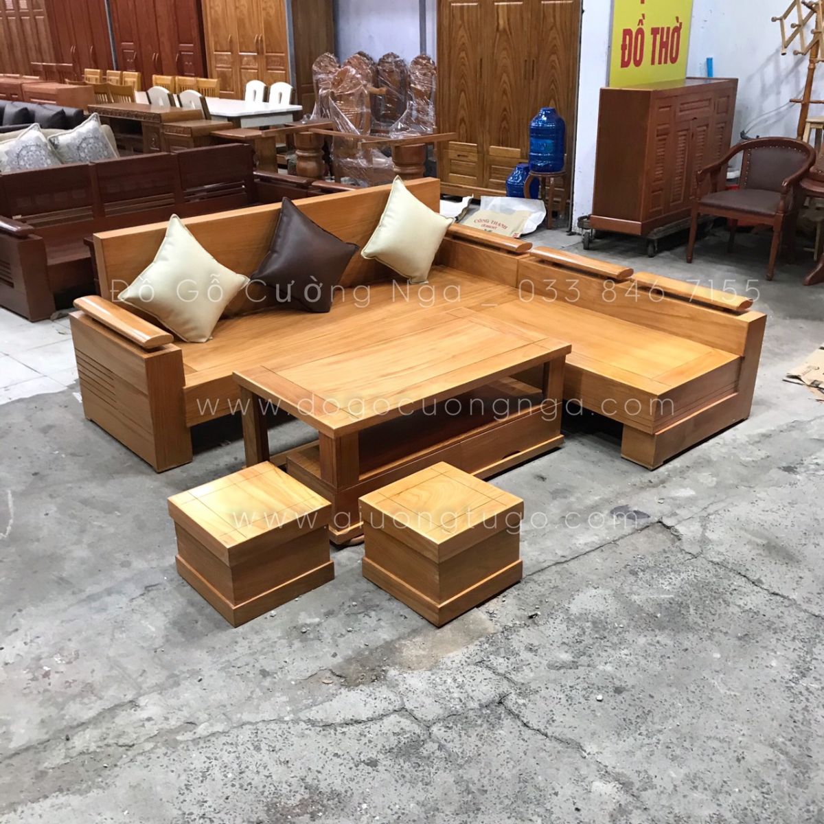 sofa góc gỗ gõ đỏ 2mx1m8