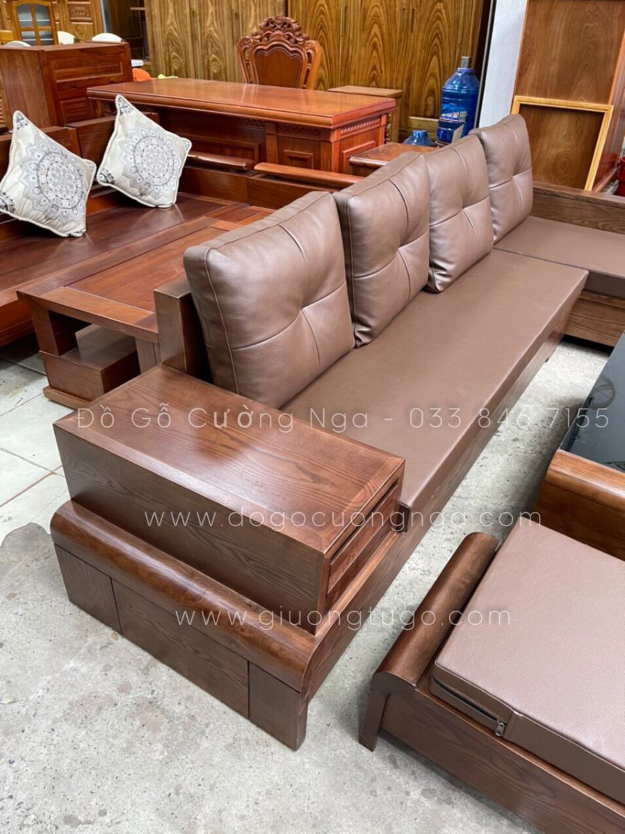Ghế sofa gỗ sồi nga góc L màu óc chó