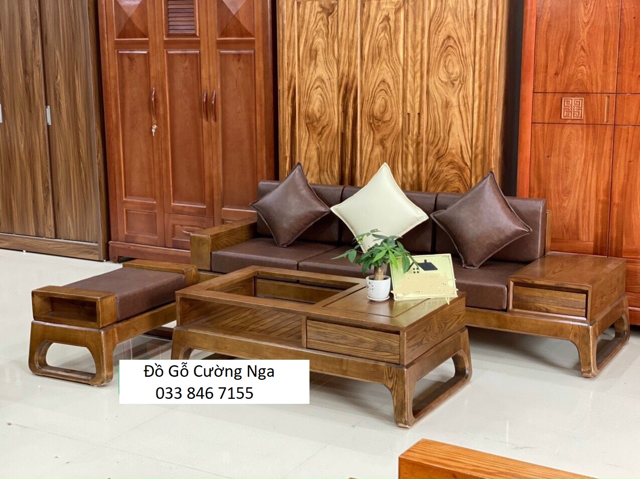 Sofa gỗ Sồi Nga lau màu óc chó - mẫu 1 văng 2m4 chân quỳ